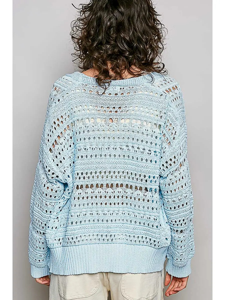 Floral Buttons Knit Cardi - Baby Blue