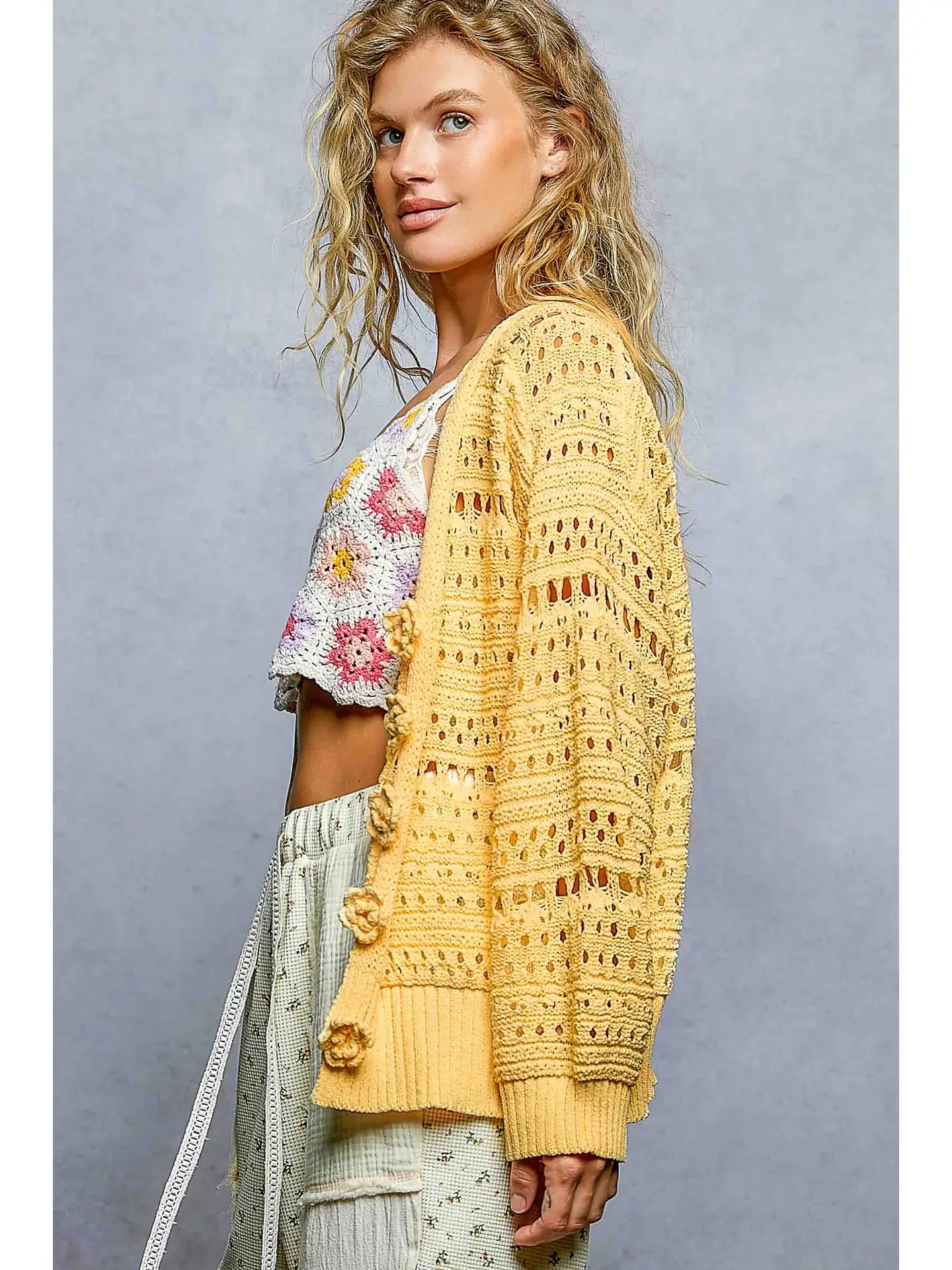 Floral Buttons Knit Cardi - Dandelion