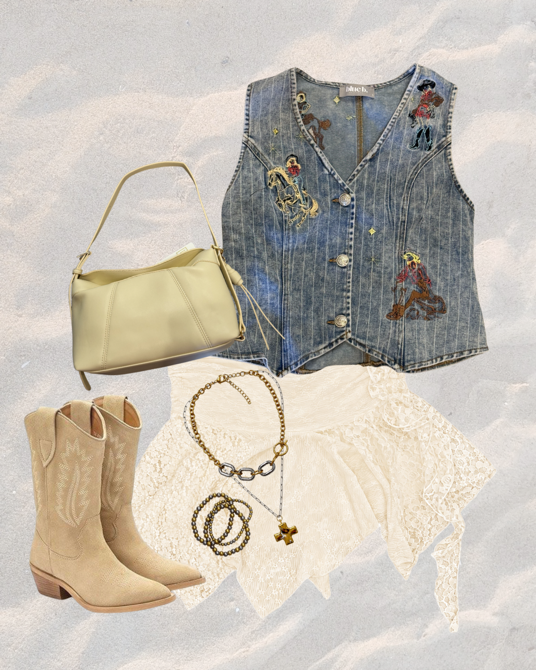 Pinstripe Embroidered Denim Crop Vest - Light Wash