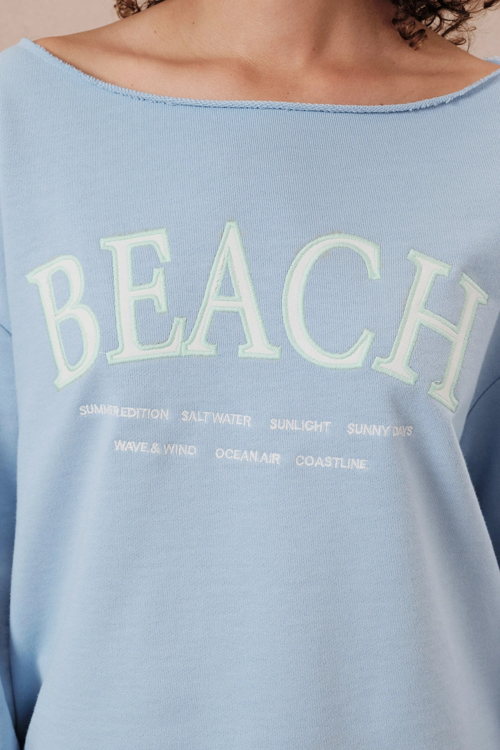 Slouchy Neck "Beach" Graphic Embroidery Sweatshirt