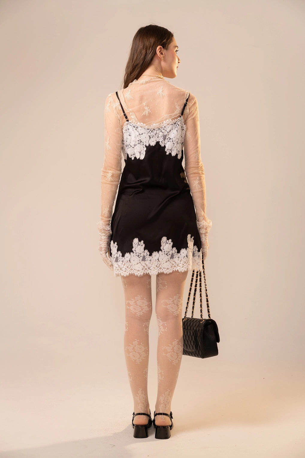 Satin Lace Trim Mini Dress - Black