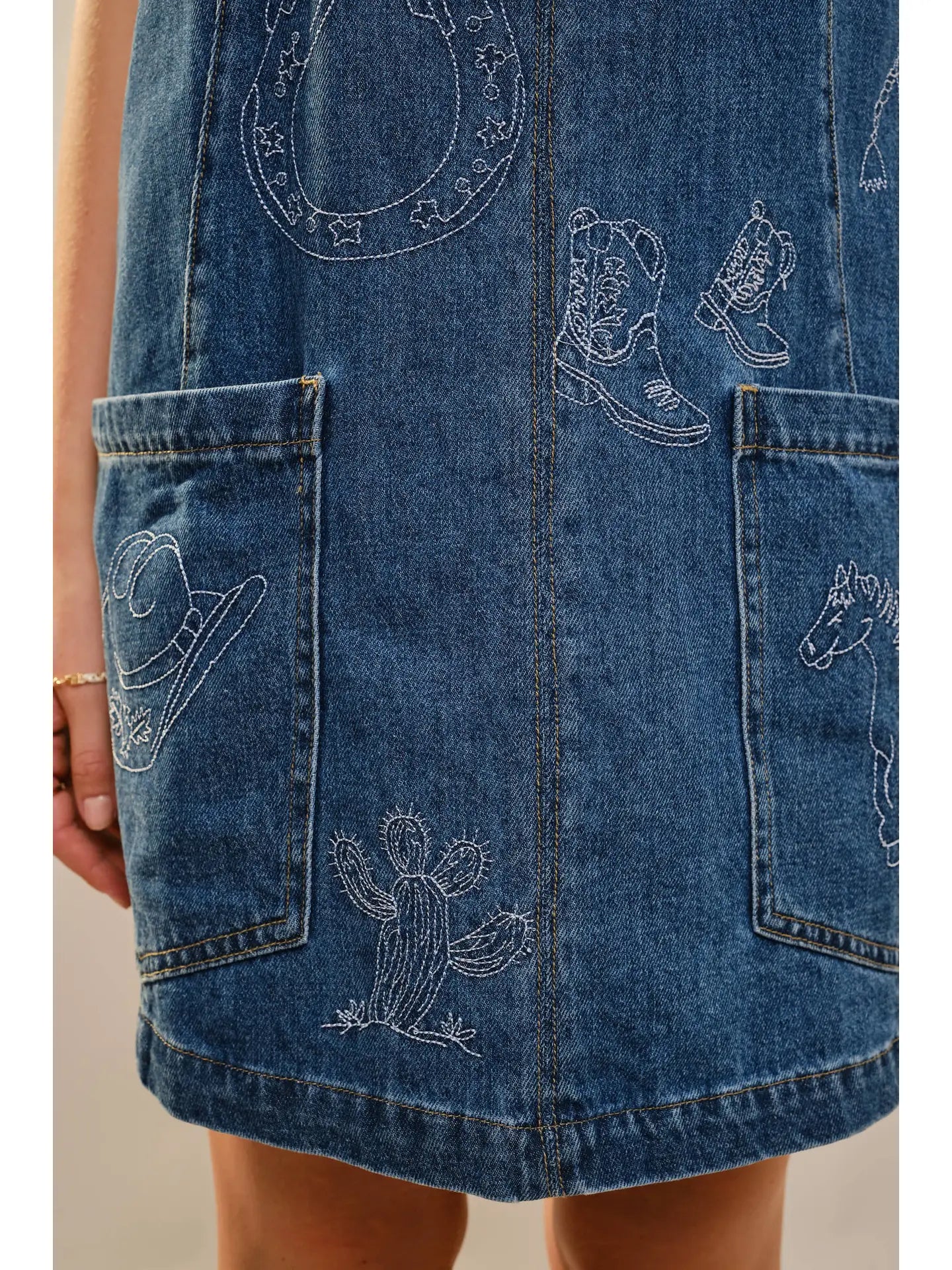 Western Embroidered Denim Dress - Dark Wash