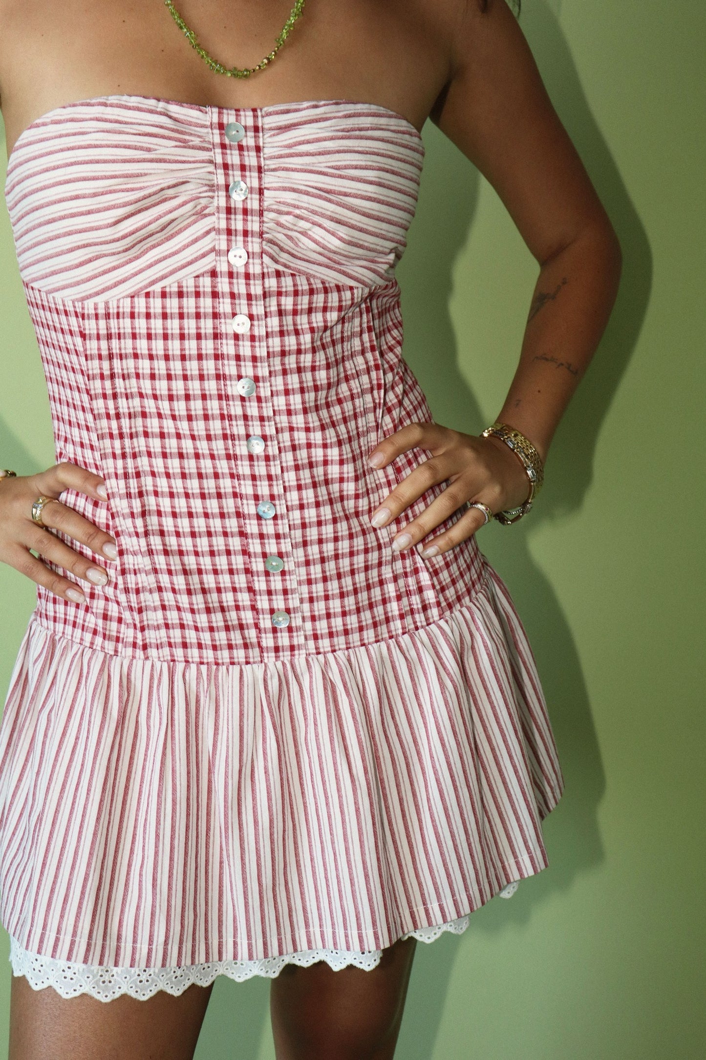 Strapless Gingham Button Front Mini Dress