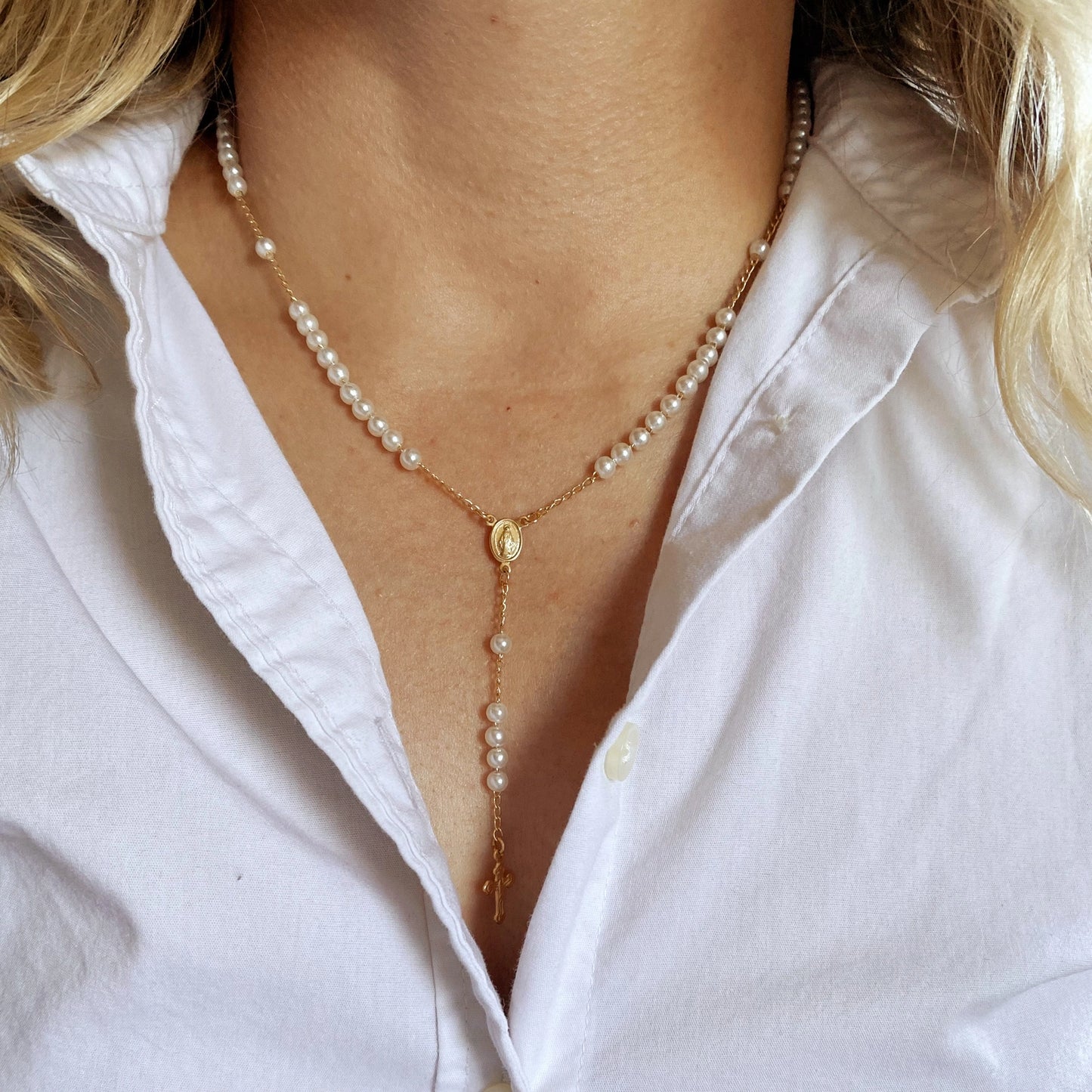 Lady of Grace Gold-Filled Pearl Rosary