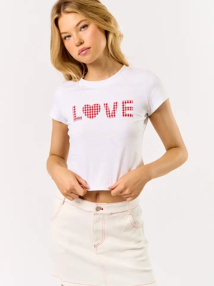 "Love" Gingham Cropped Tee