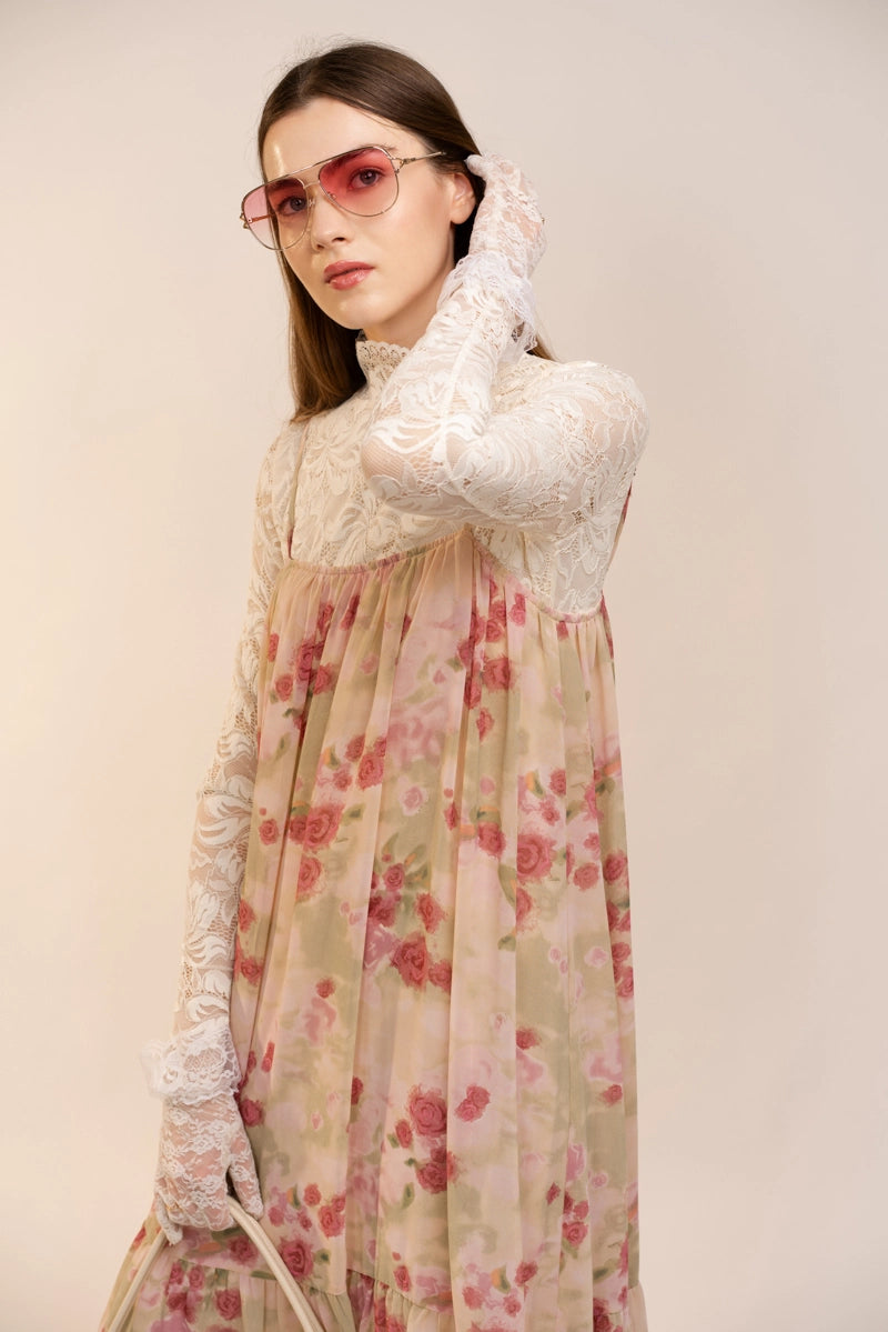 Chiffon Floral Pleated Boho Maxi Dress - Mauve Rose