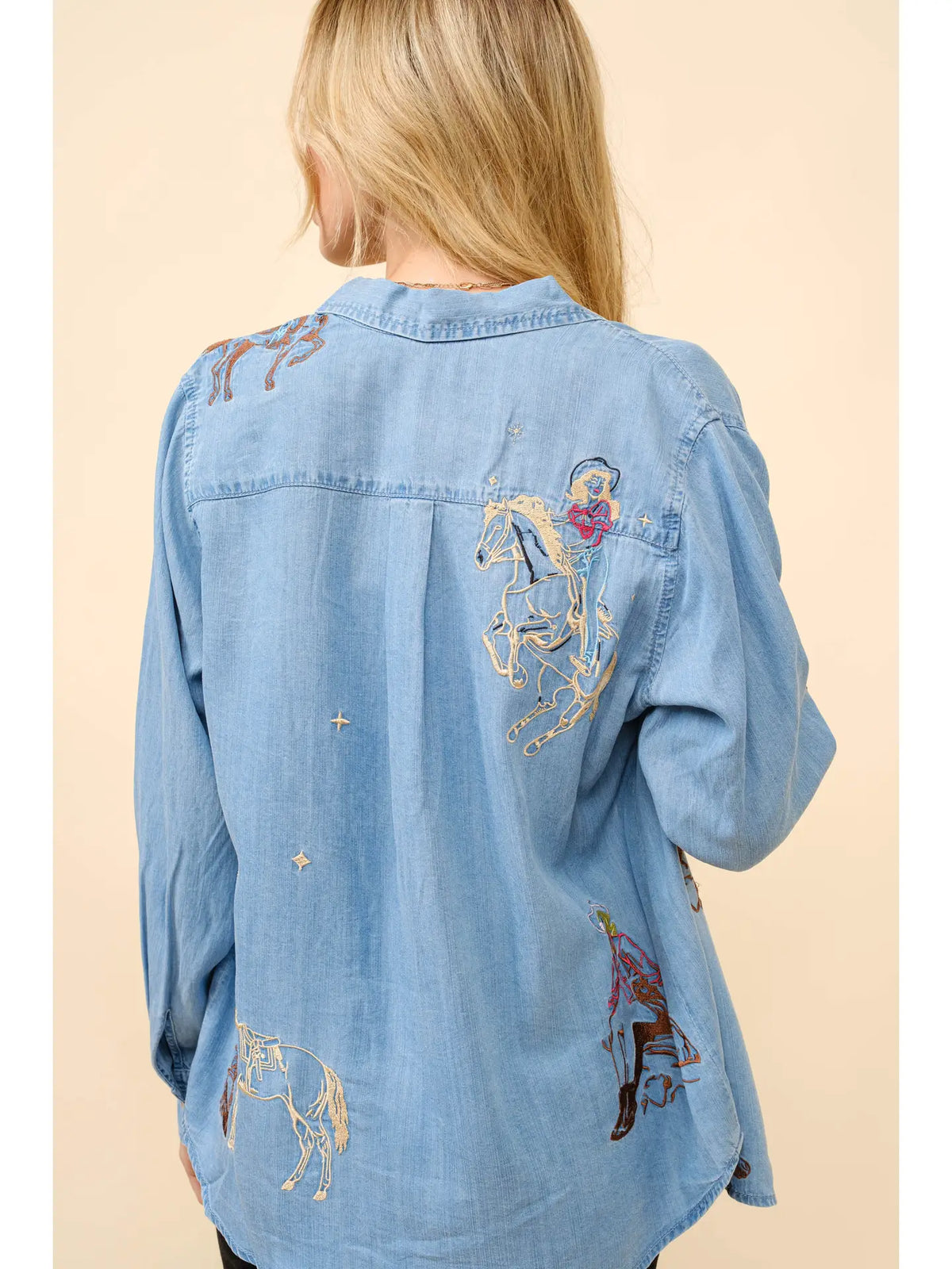 Western Motif Embroidered Denim Shirt - Med Wash