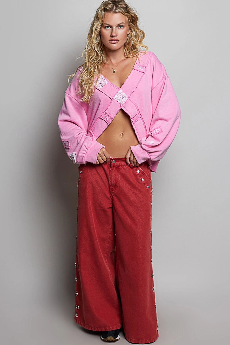 Peace Patchwork V-Neck Sweater - Candy Pink