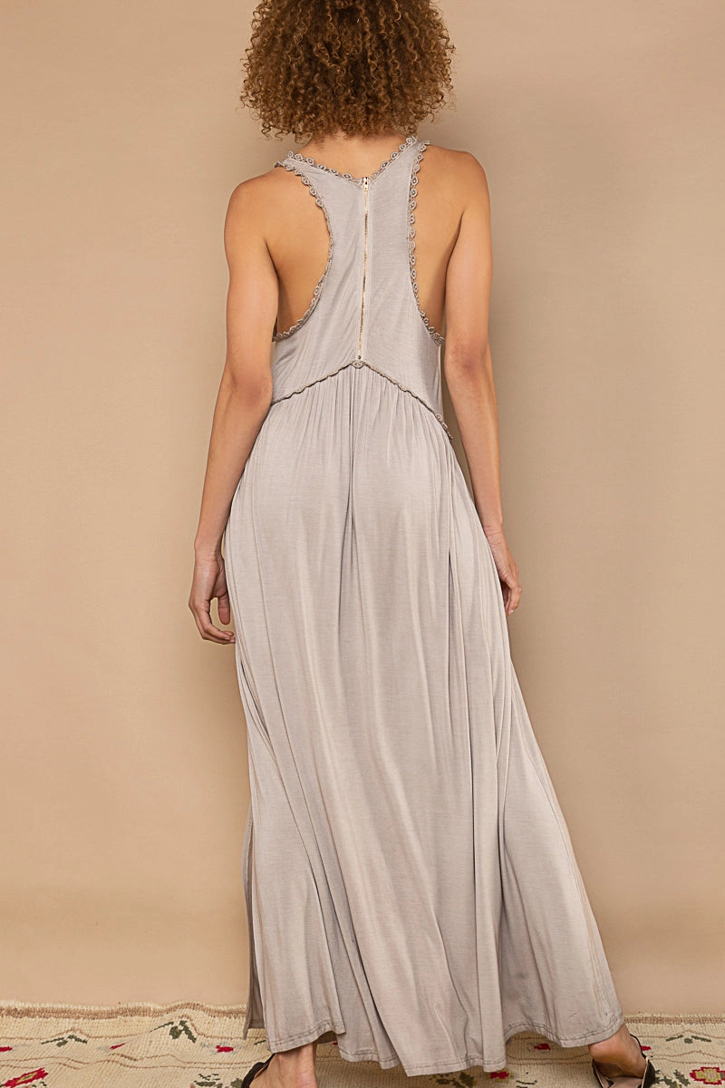 Sleeveless Racerback Back Zipper Front Slit Knit Maxi Dress