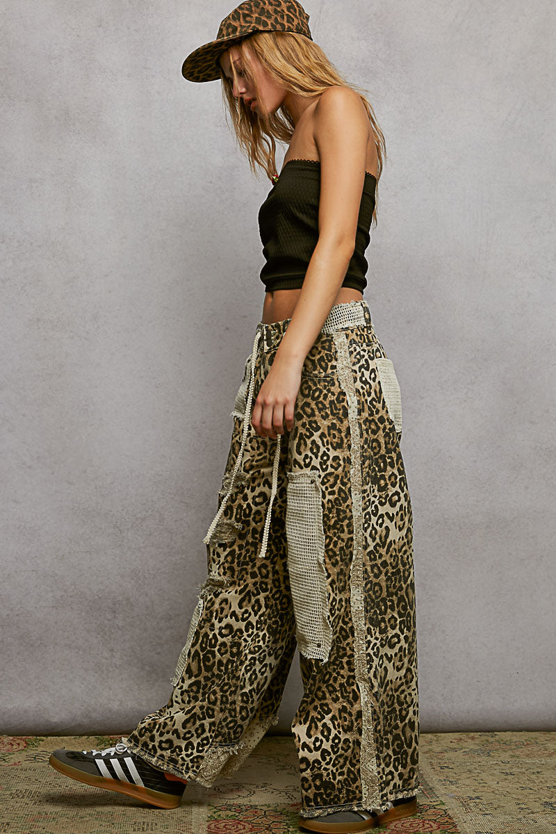 Stud Detail Woven Denim Pants - Sand Leopard