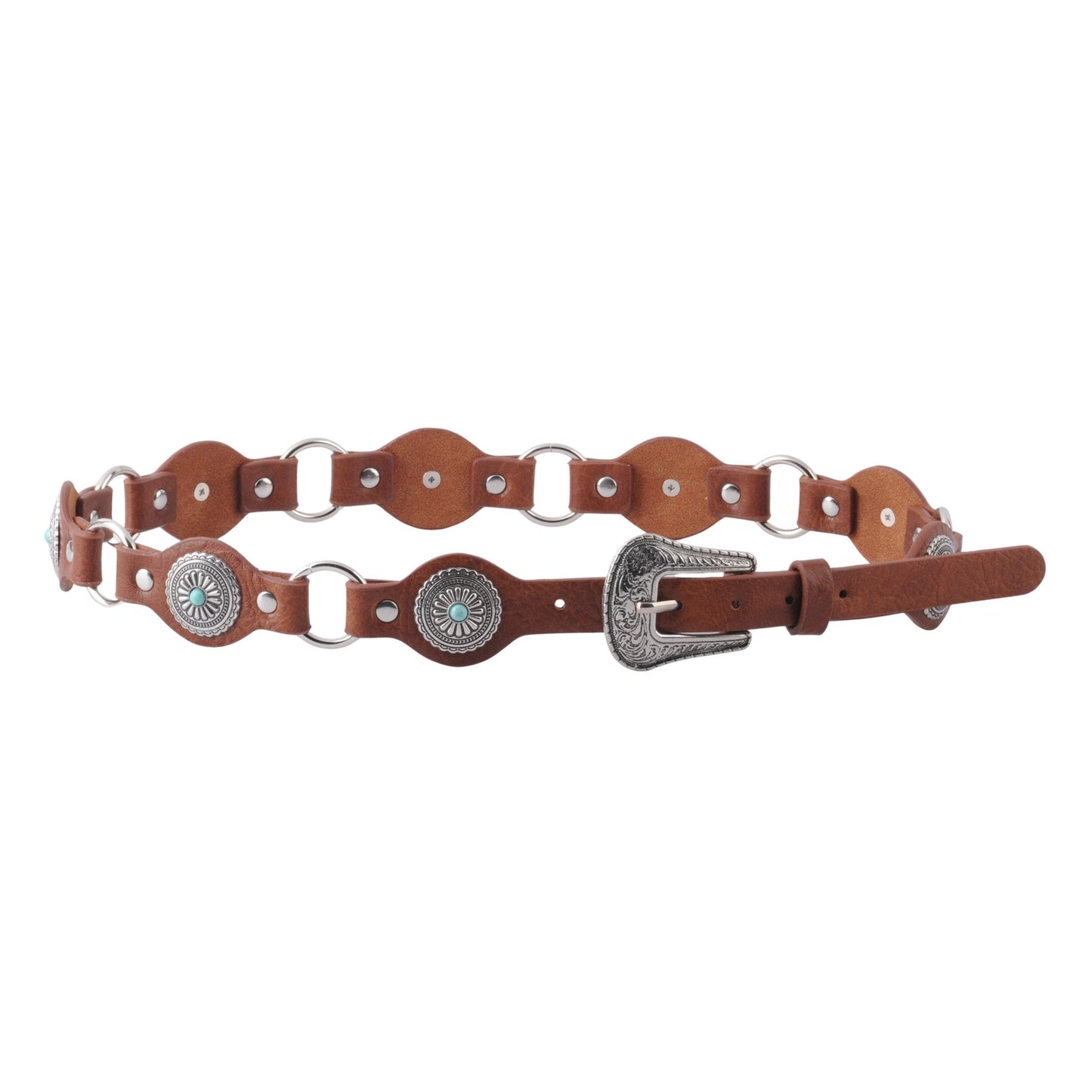 Thin Leather Metal Concho Belt with Western Buckle - Tan