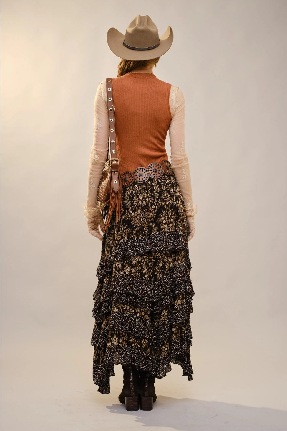 Twin Printed Layered Ruffle Elastic Waist Maxi Skirt