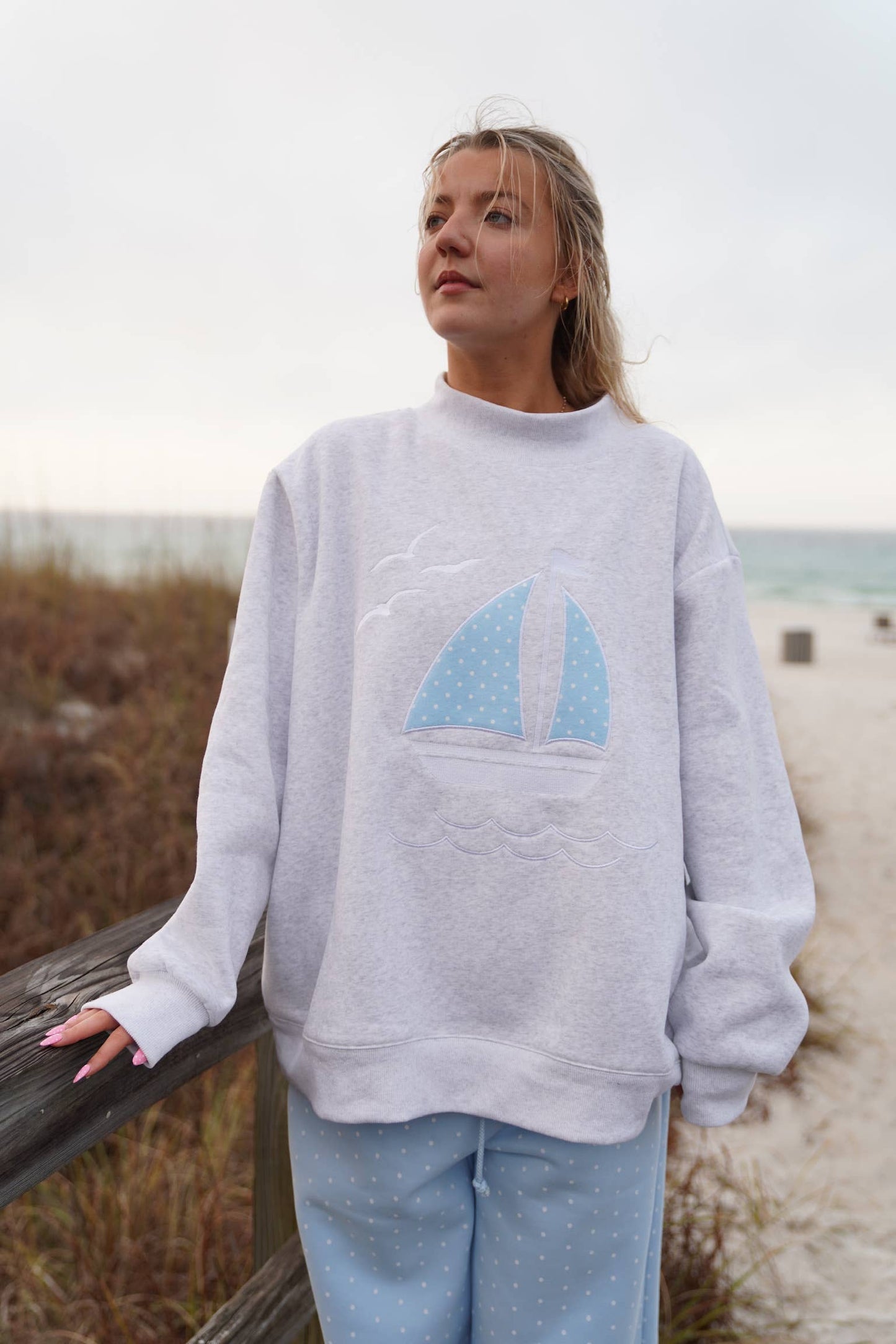 Polka Dot Sailboat Embroider Mockneck