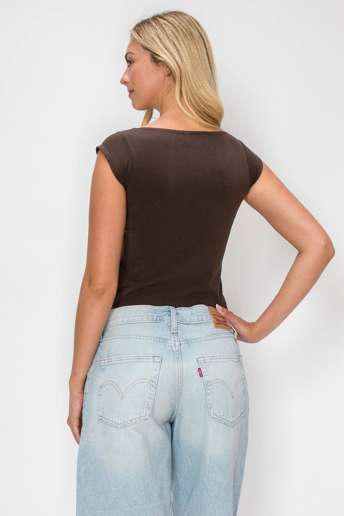 Off The Shoulder Basic Top: Brown