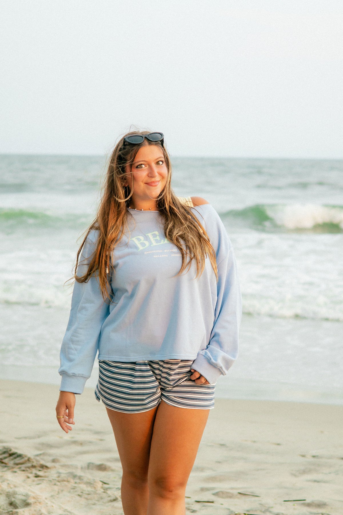 Slouchy Neck "Beach" Graphic Embroidery Sweatshirt