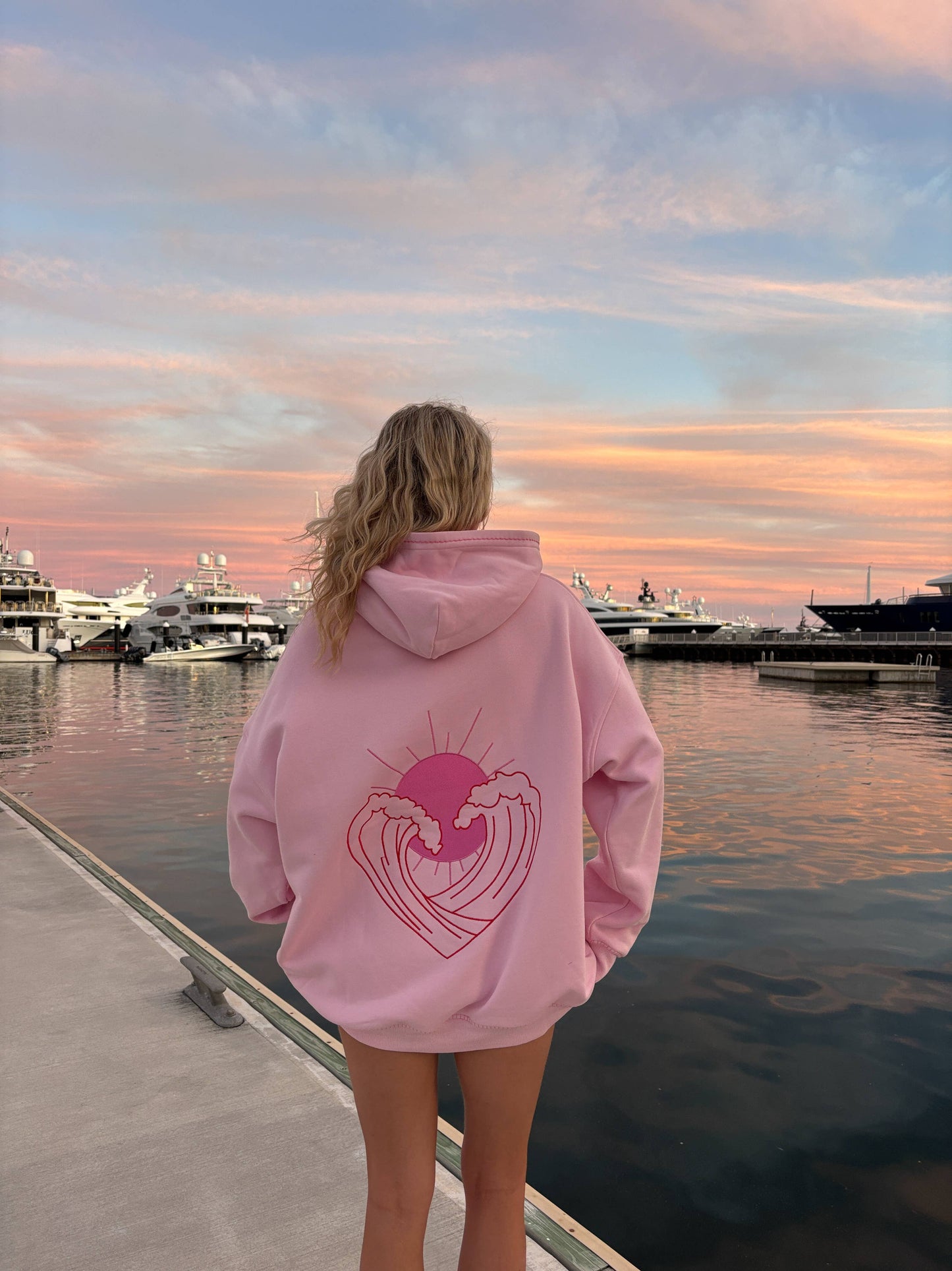Pink Ocean Heart Stitched Hoodie - 100% Cotton