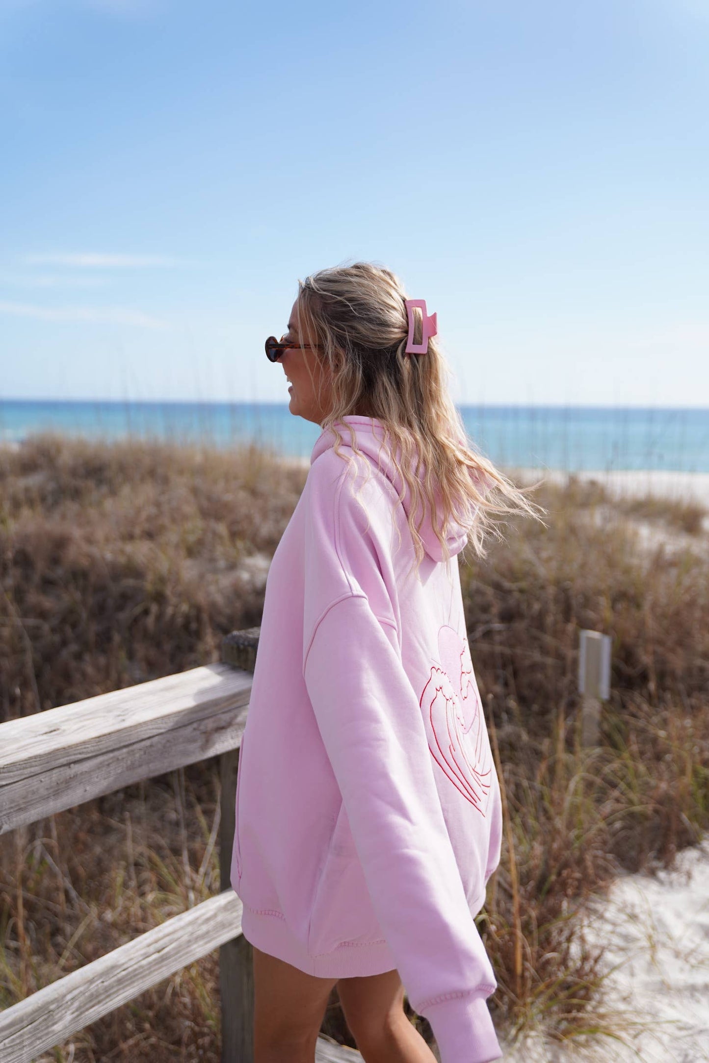 Pink Ocean Heart Stitched Hoodie - 100% Cotton