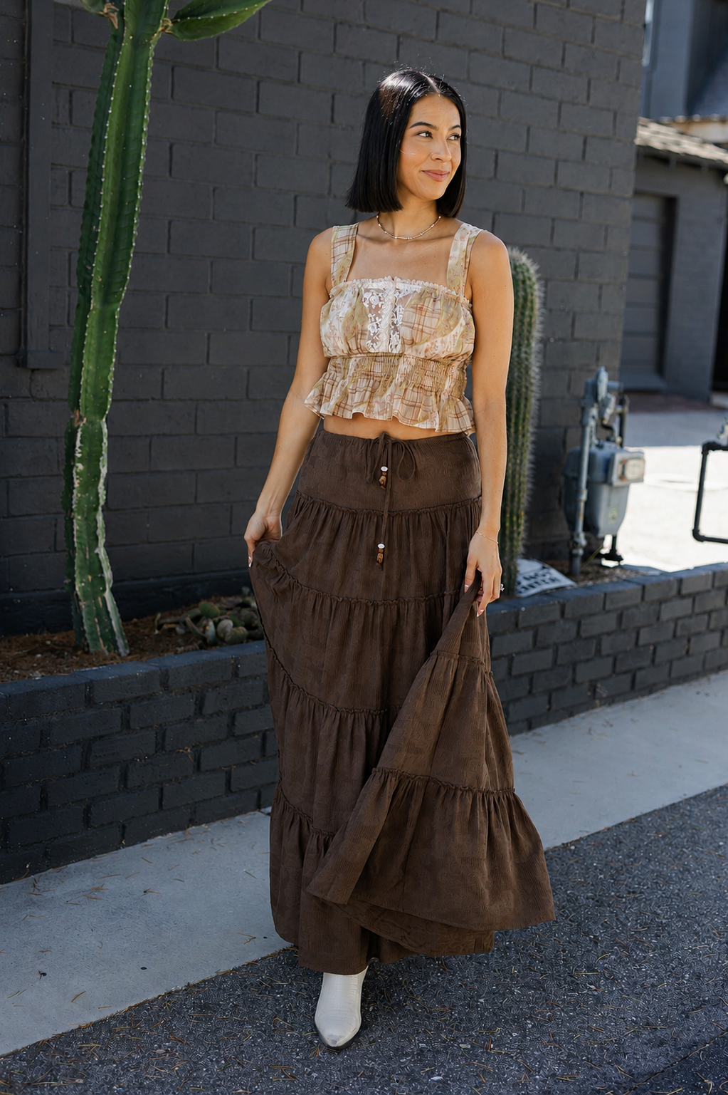 100% Cotton Tiered Maxi Skirt - Dark Brown