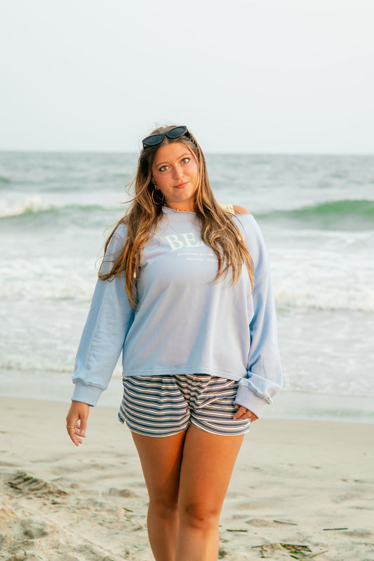 Slouchy Neck "Beach" Graphic Embroidery Sweatshirt