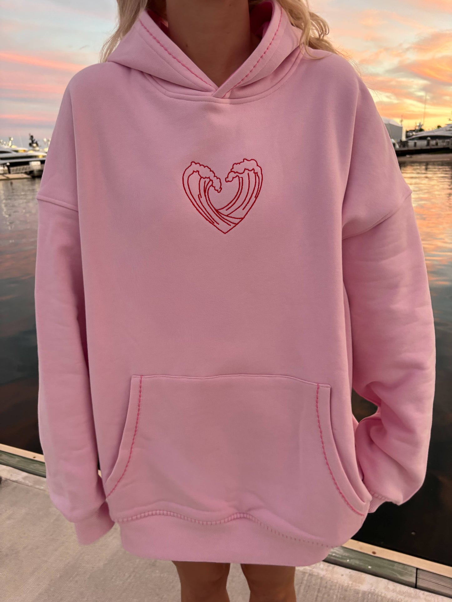 Pink Ocean Heart Stitched Hoodie - 100% Cotton