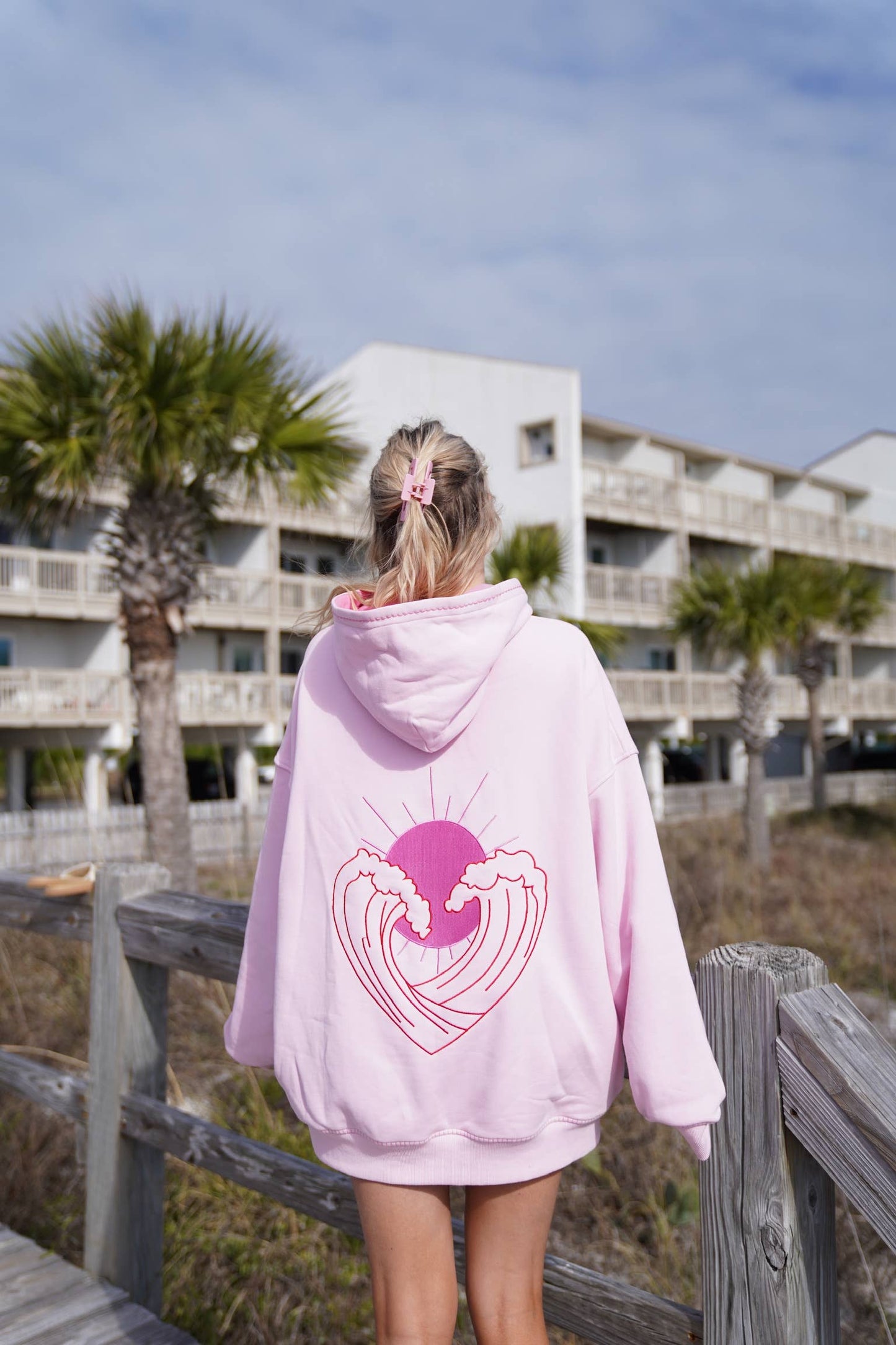 Pink Ocean Heart Stitched Hoodie - 100% Cotton