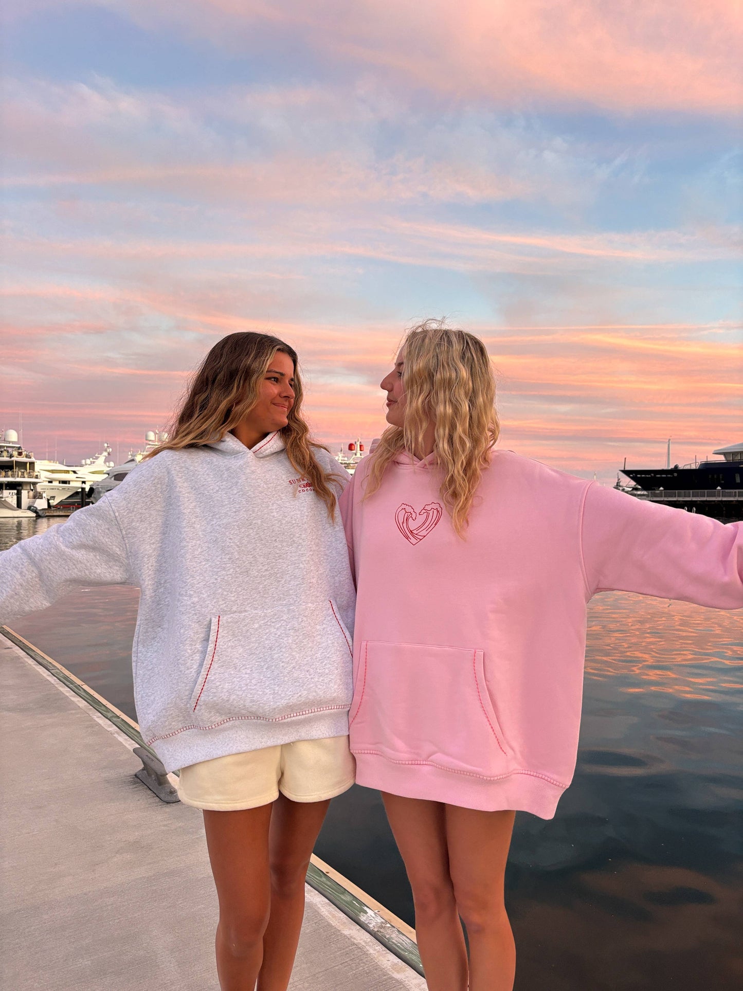 Pink Ocean Heart Stitched Hoodie - 100% Cotton