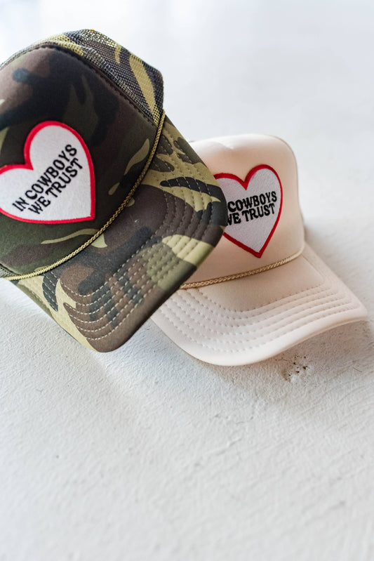 In Cowboys We Trust Patch Trucker Hat - Camo / Red