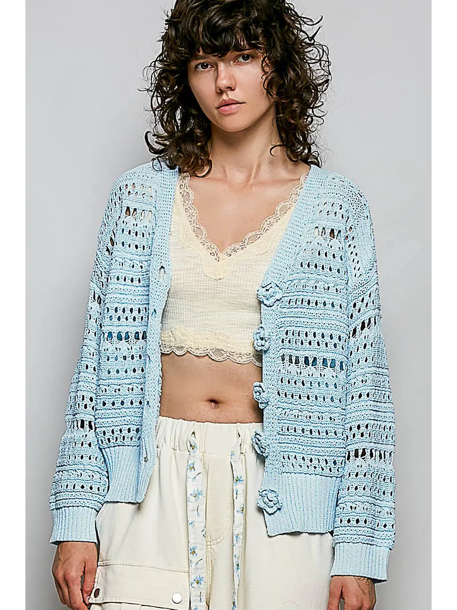 Floral Buttons Knit Cardi - Baby Blue