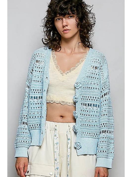 Floral Buttons Knit Cardi - Baby Blue