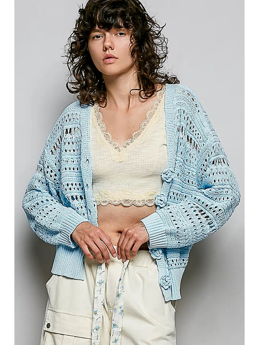 Floral Buttons Knit Cardi - Baby Blue