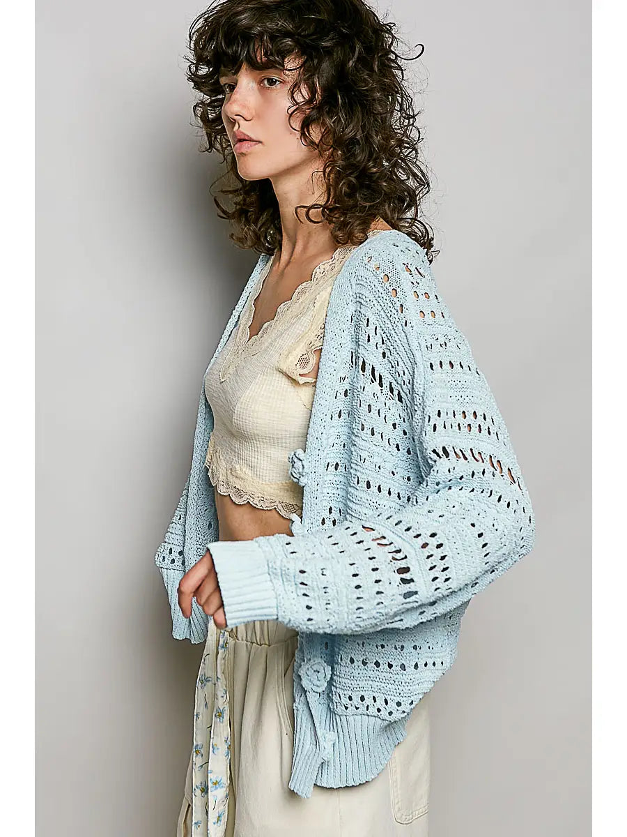 Floral Buttons Knit Cardi - Baby Blue