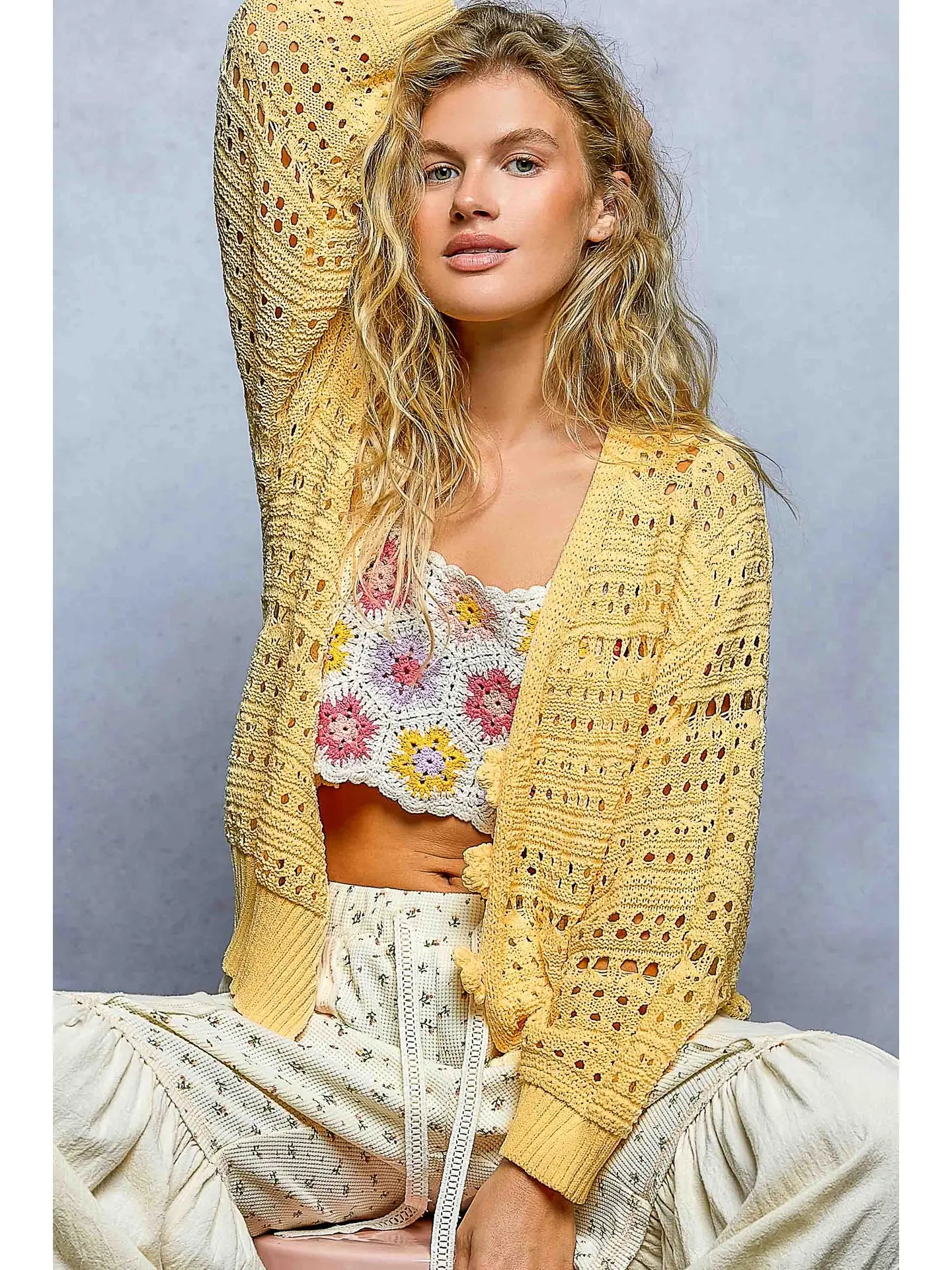 Floral Buttons Knit Cardi - Dandelion