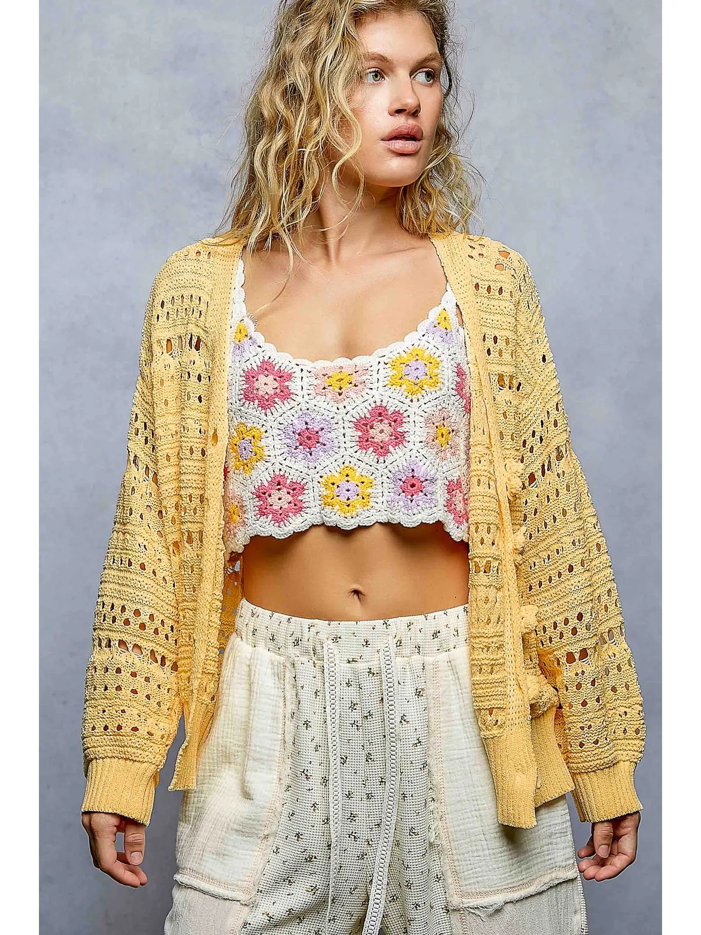 Floral Buttons Knit Cardi - Dandelion