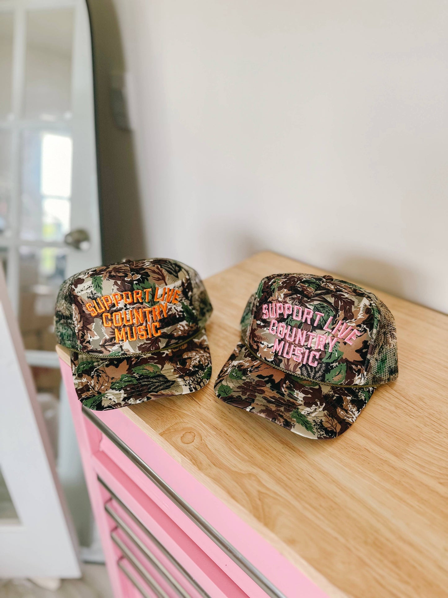 Support Live Country Music Embroidered Hat - Camo/Pink