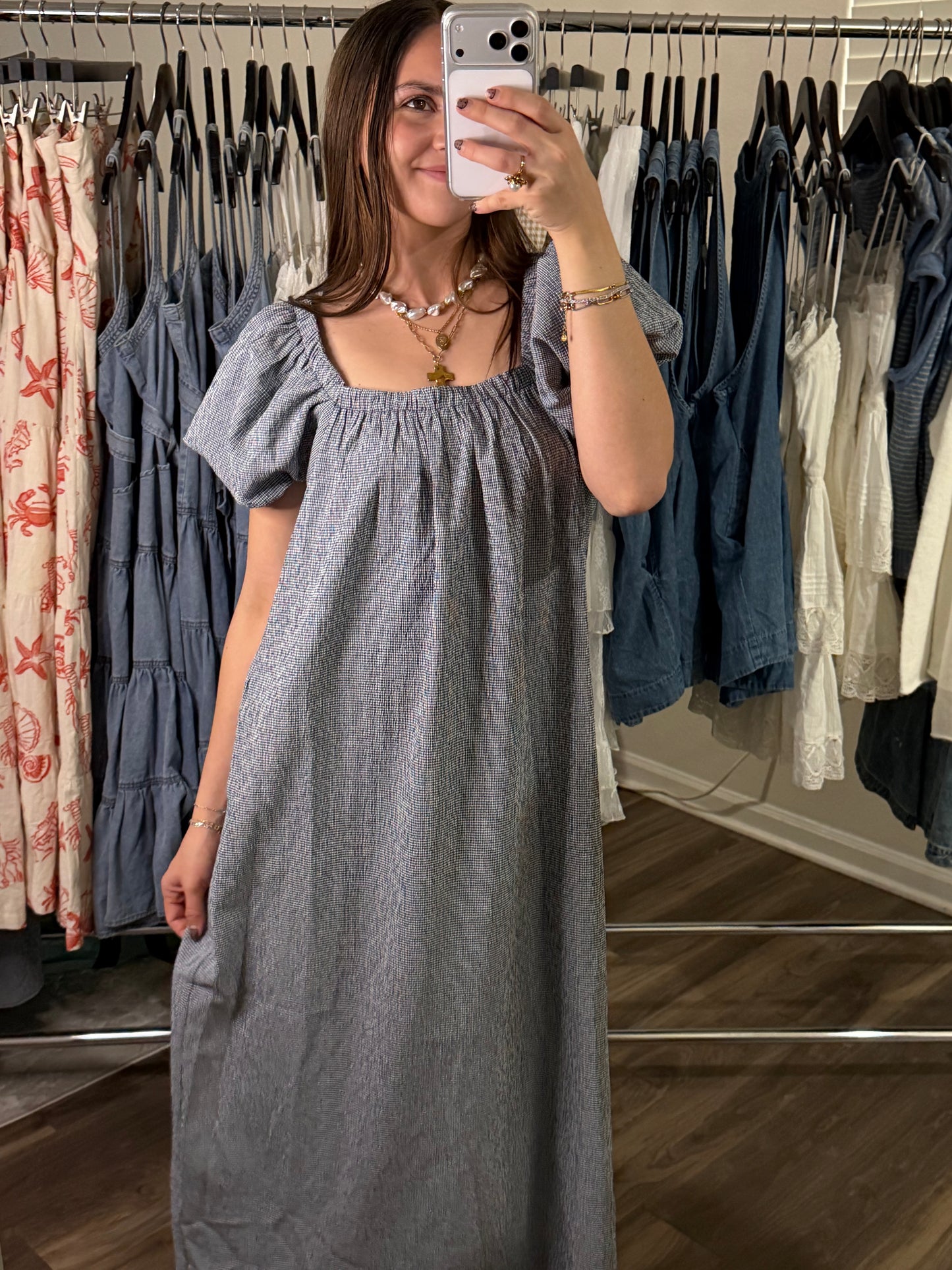 Navy Gingham Puff Sleeve Dress