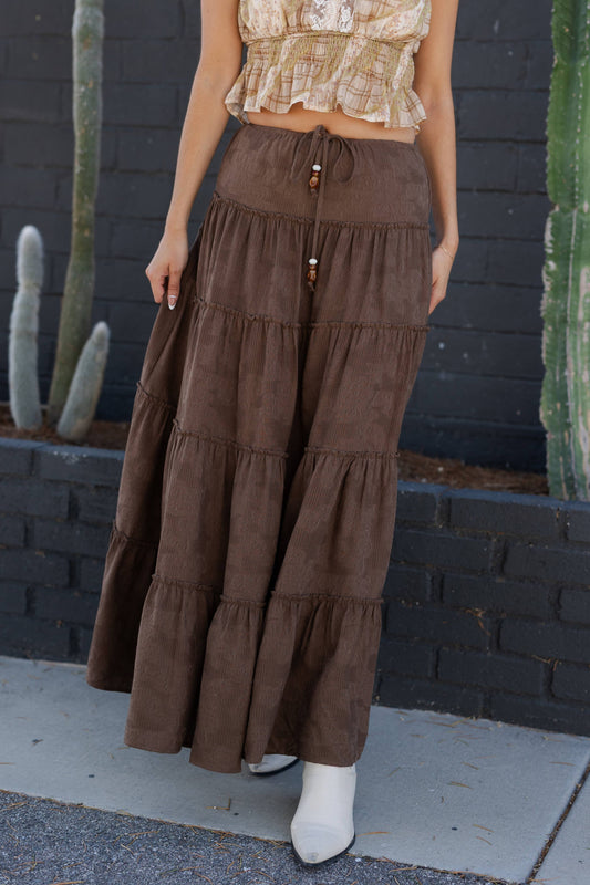 100% Cotton Tiered Maxi Skirt - Dark Brown