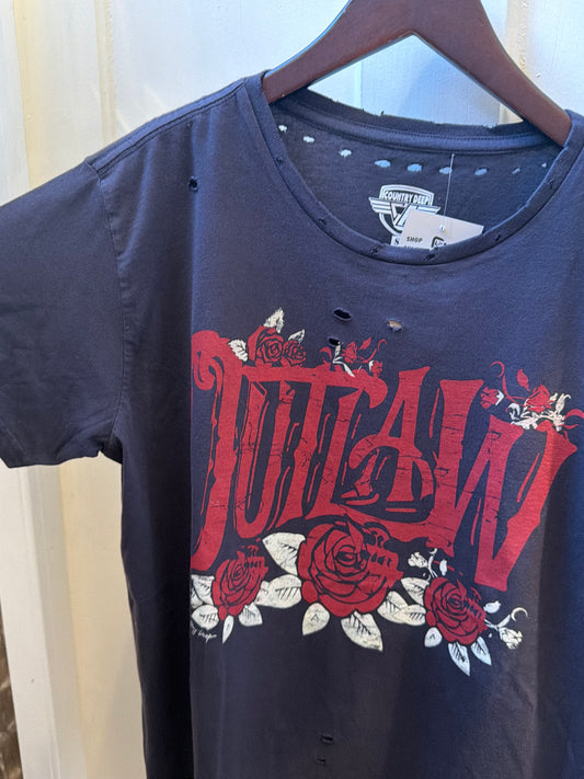 Outlaw Roses - Distressed Tee - New Black