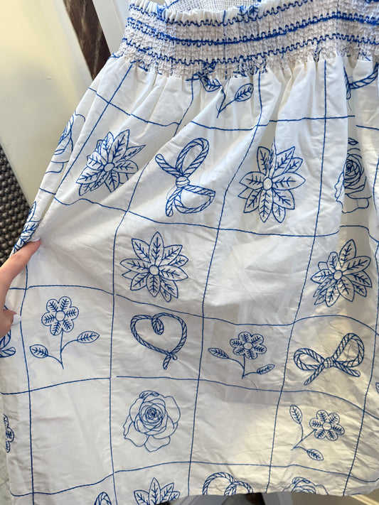 Floral Embroidery Dress - Blue / Cream