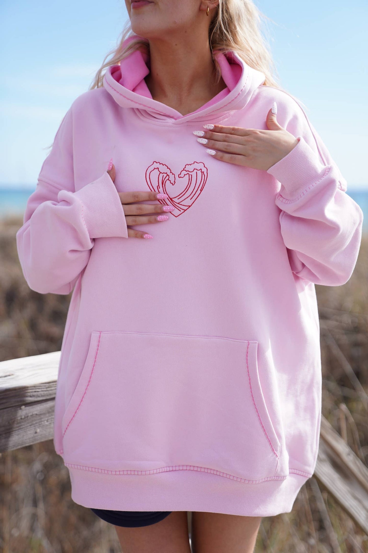 Pink Ocean Heart Stitched Hoodie - 100% Cotton