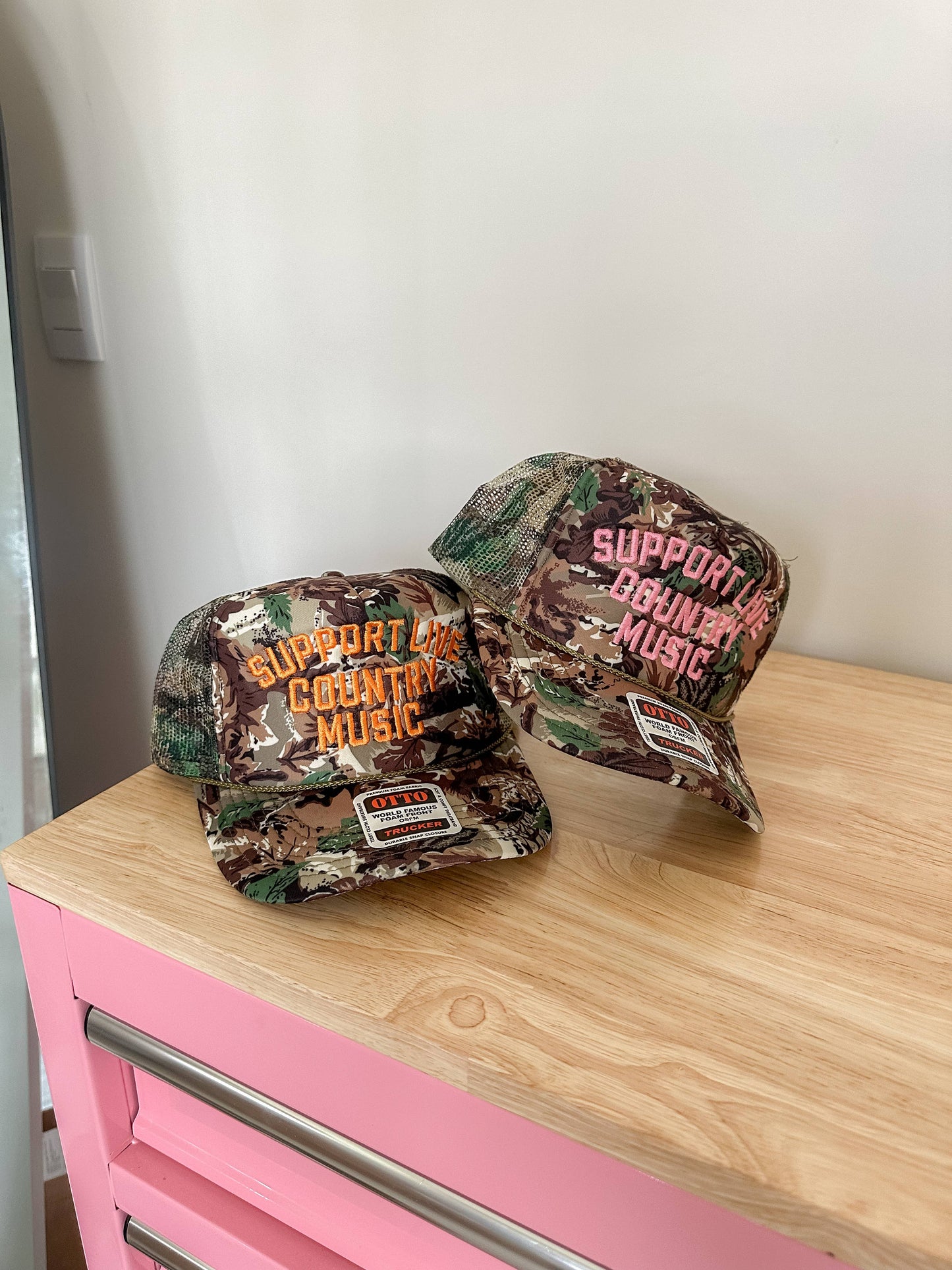 Support Live Country Music Embroidered Hat - Camo/Pink