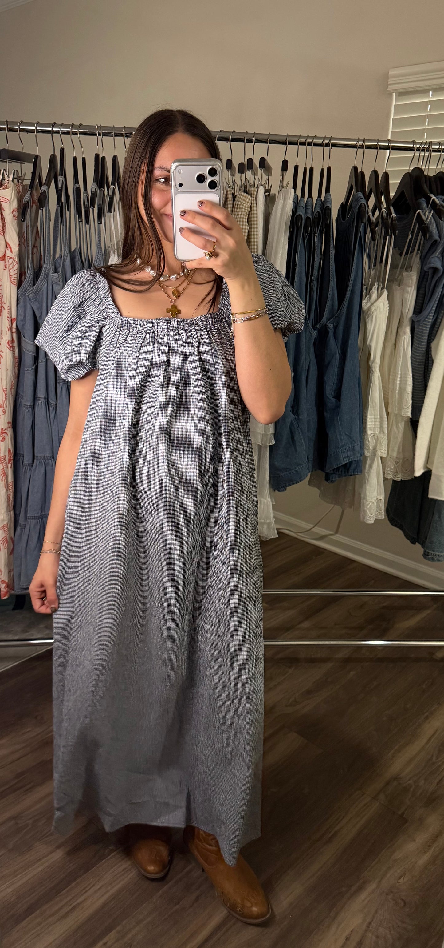 Navy Gingham Puff Sleeve Dress