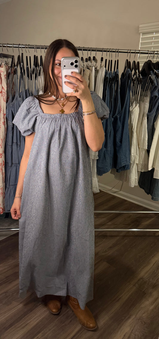 Navy Gingham Puff Sleeve Dress