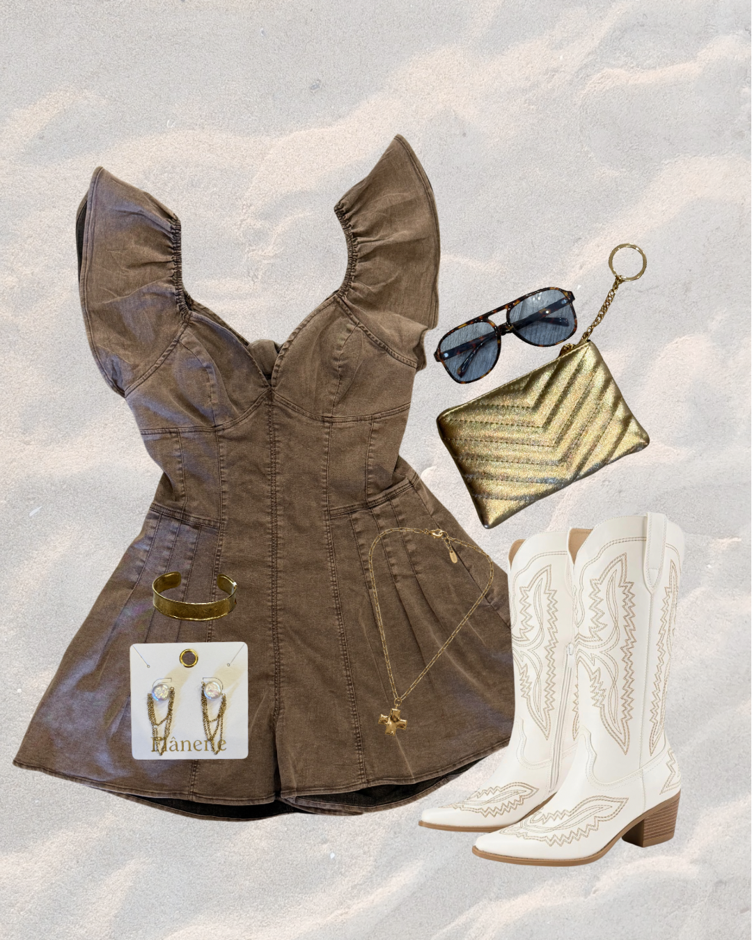 Sweetheart Ruffle Sleeve Denim Romper - Washed Brown