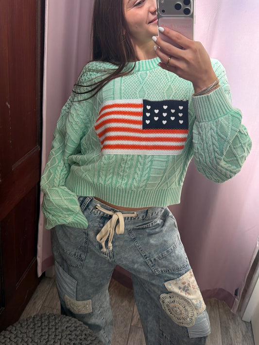 Cable Knit Flag Sweater - Mint