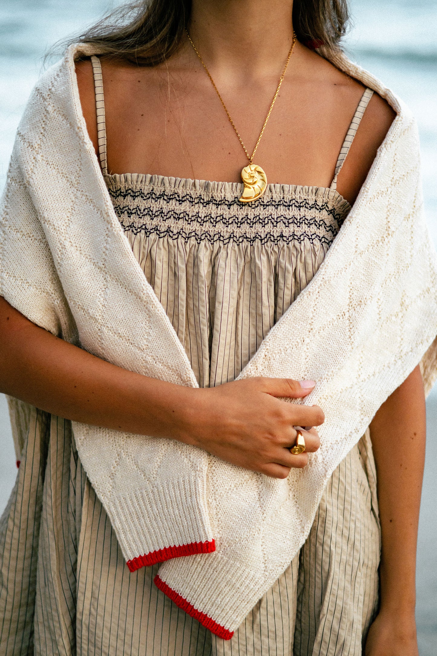 Smocked Pin Stripe Cami Dress - Beige