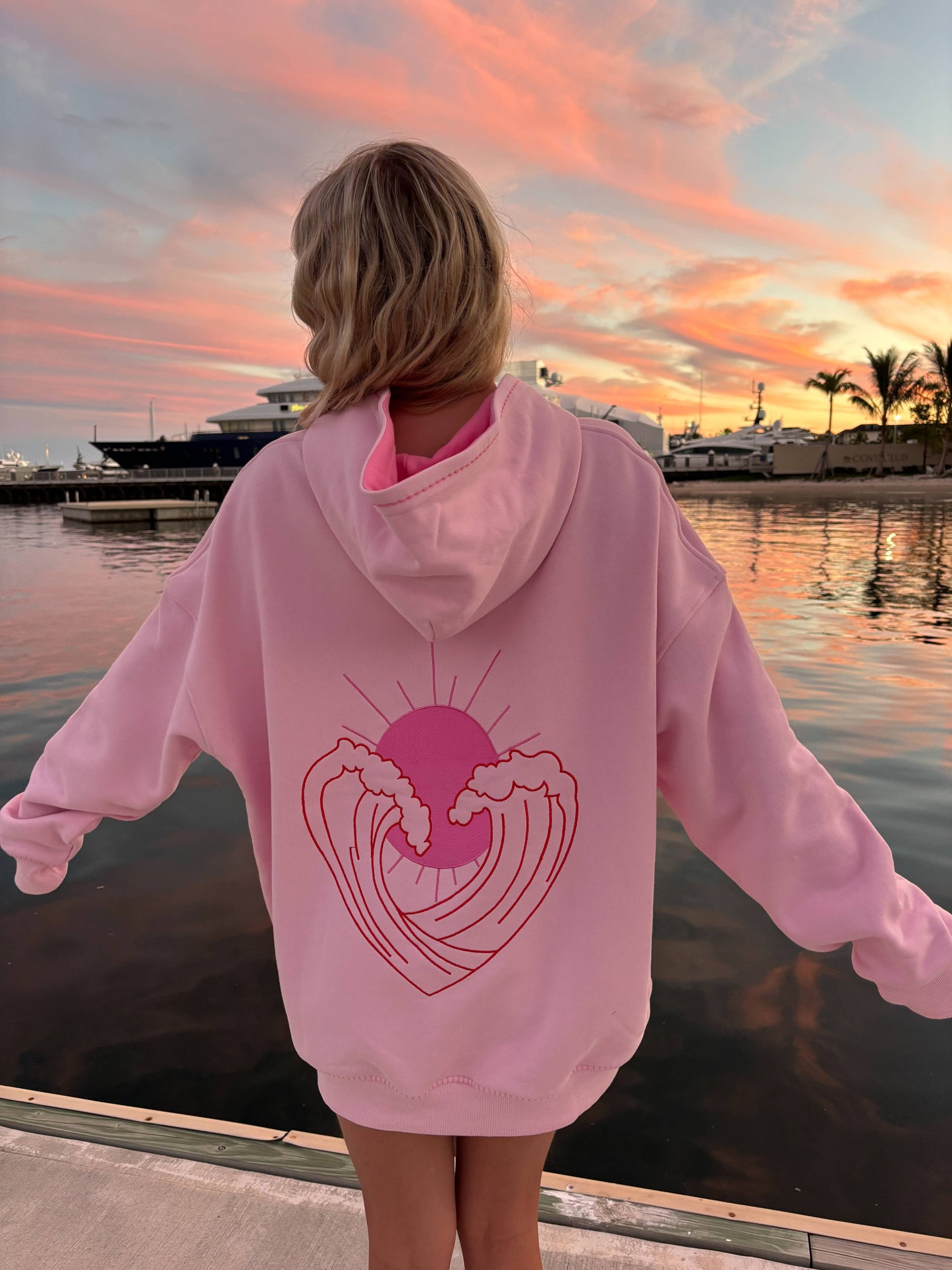 Pink Ocean Heart Stitched Hoodie - 100% Cotton