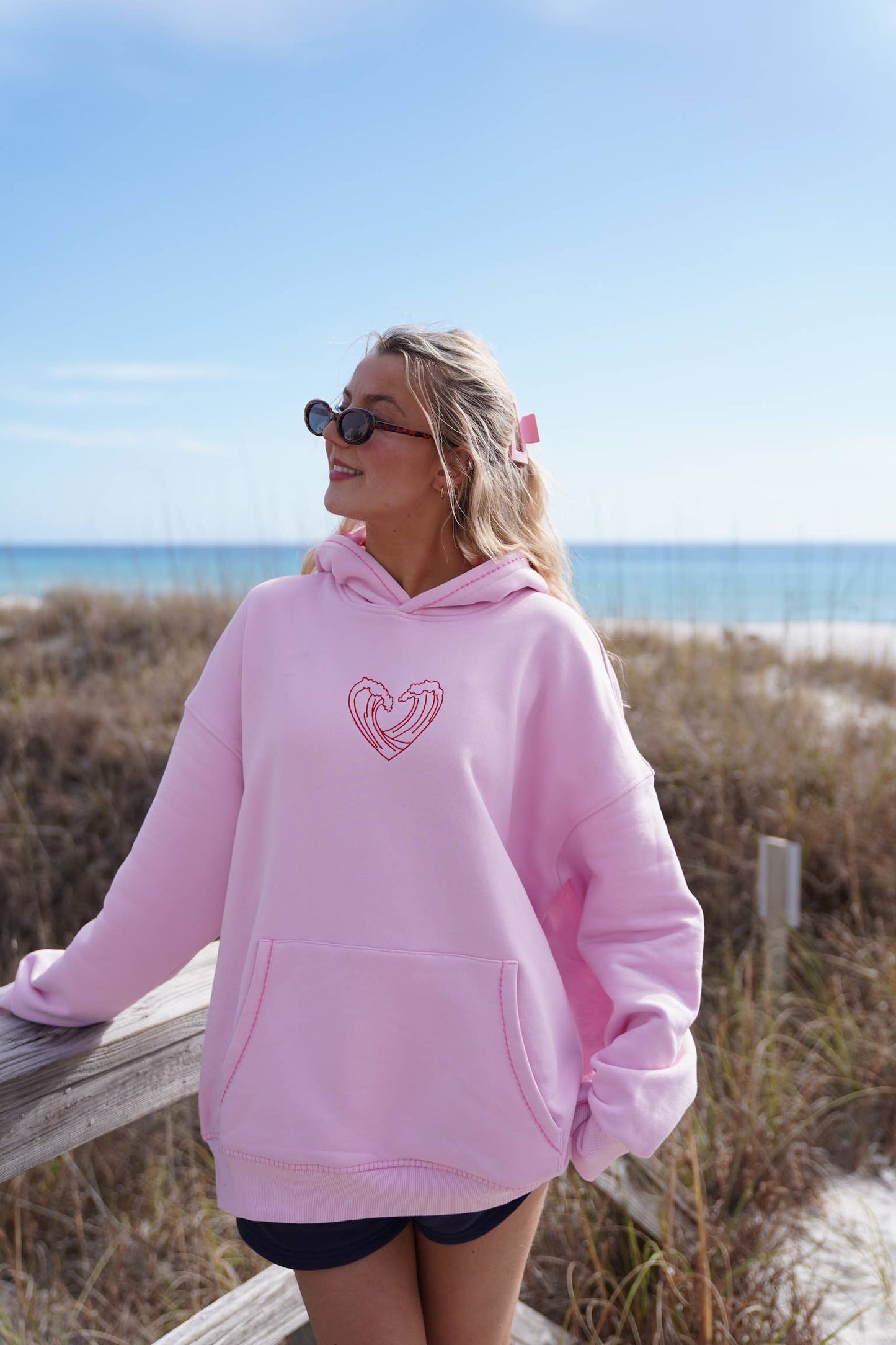Pink Ocean Heart Stitched Hoodie - 100% Cotton