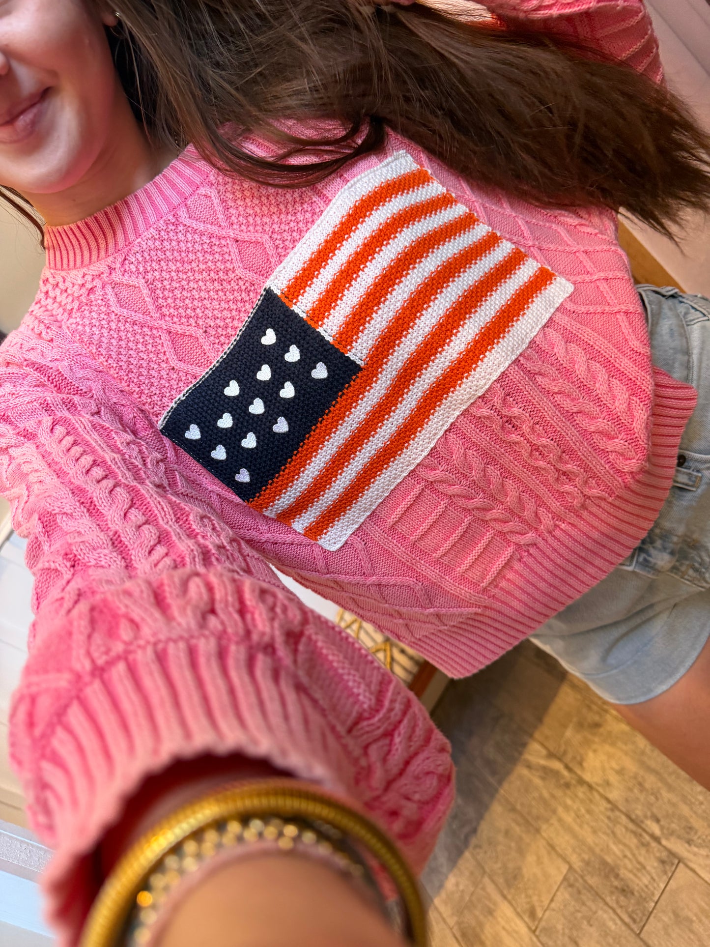 Cable Knit Flag Sweater - Pink