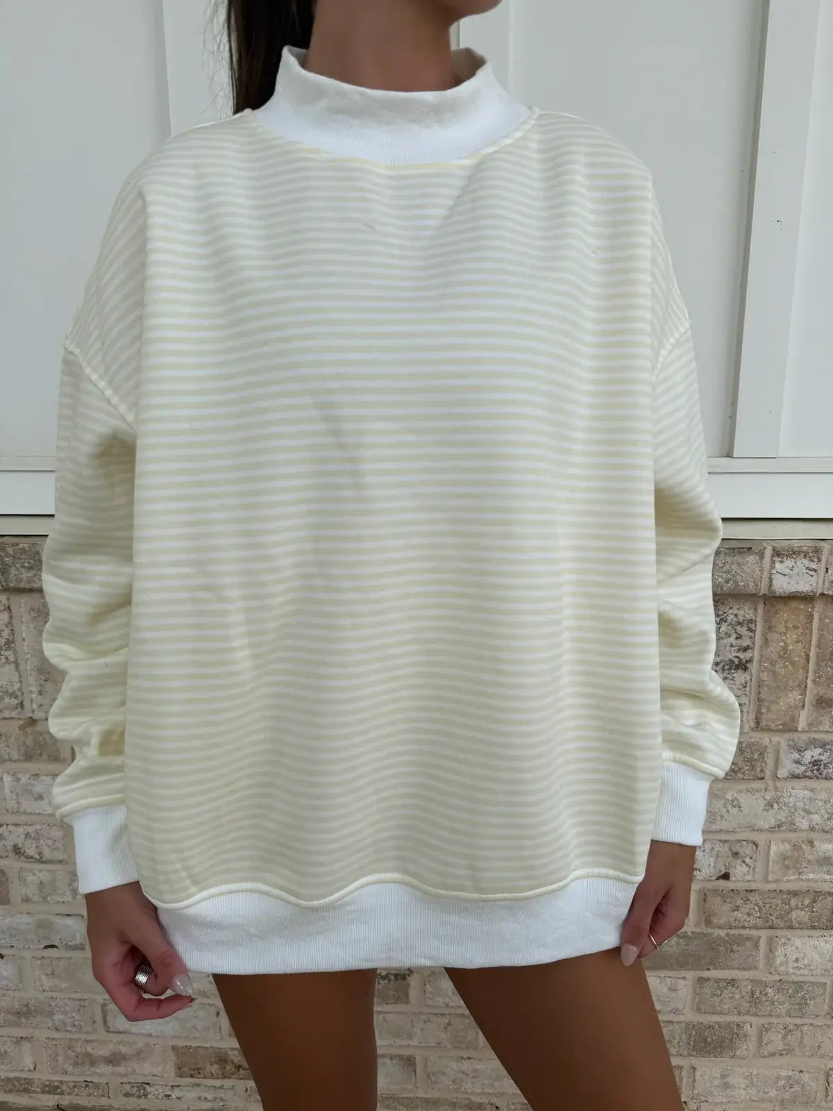 Baby Yellow and White Big Striped Mockneck Sweatshirt: Baby Yellow/White Big Stripes / Large