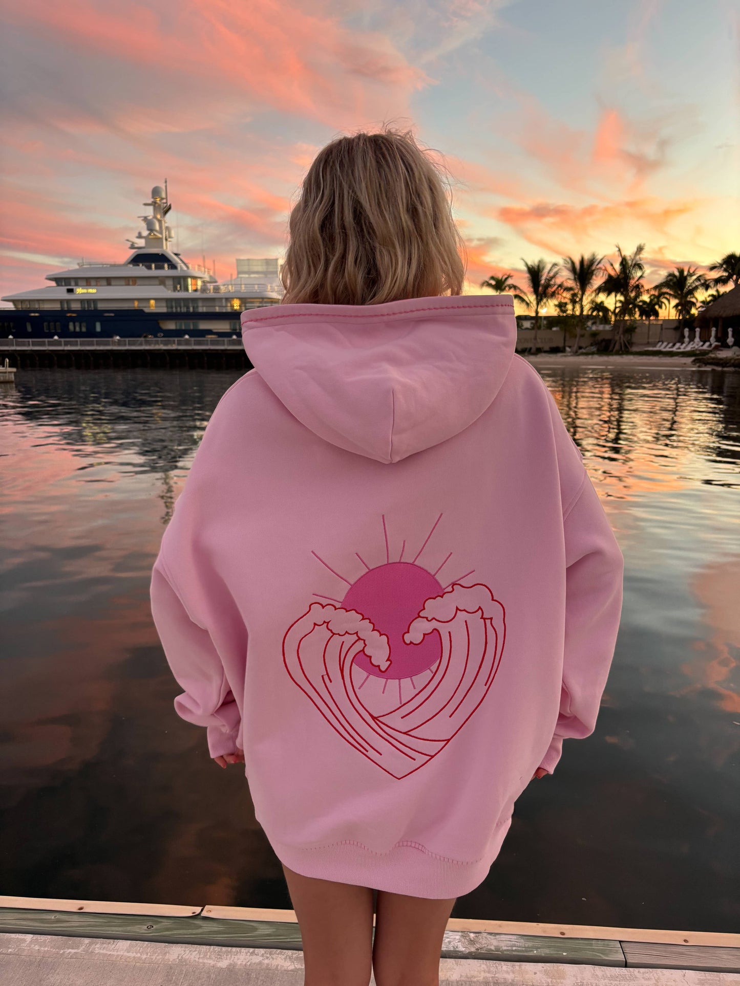 Pink Ocean Heart Stitched Hoodie - 100% Cotton